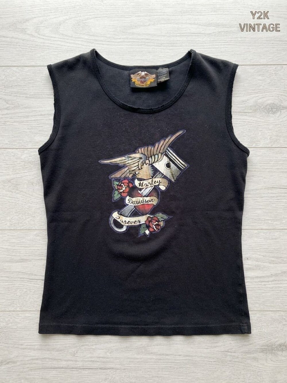 VTG Y2K Harley Davidson Tank Top Grunge Biker Tattoo Flash Graphic S Made in USA